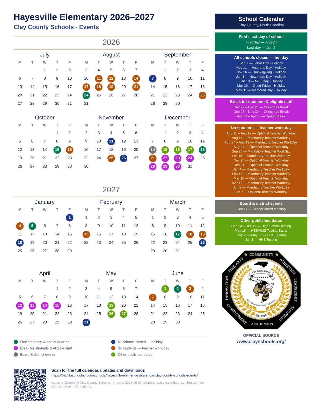 Hayesville Elementary 2026–2027 printable calendar