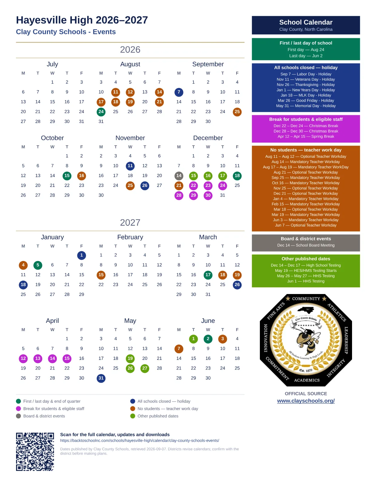Hayesville High 2026–2027 printable calendar