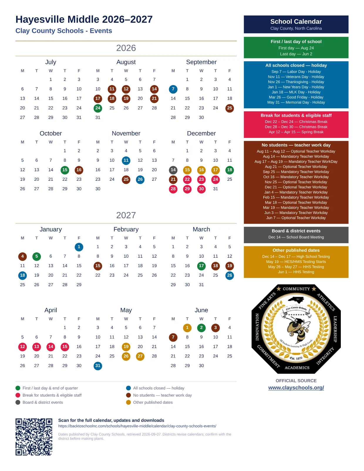Hayesville Middle 2026–2027 printable calendar