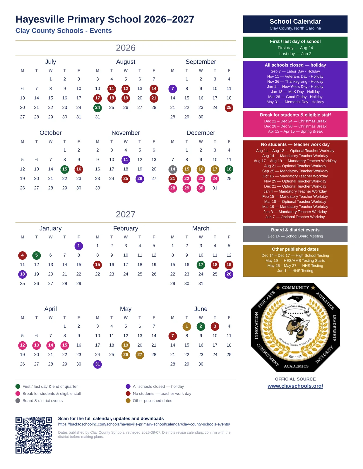 Hayesville Primary School 2026–2027 printable calendar