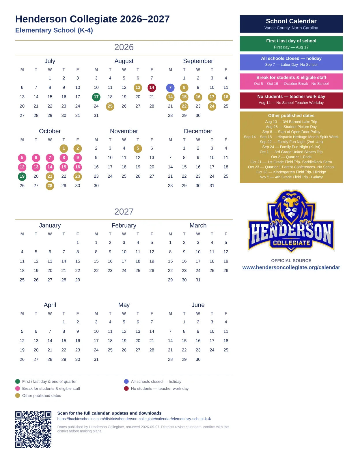 Henderson Collegiate Elementary School (K-4) 2026–2027 printable calendar