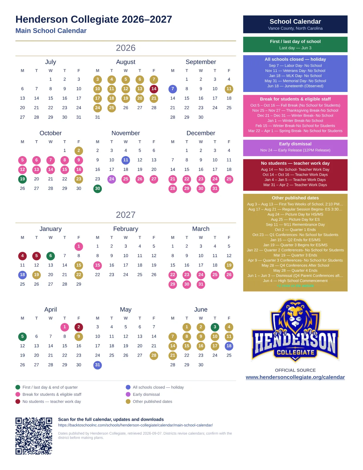 Henderson Collegiate Main School Calendar  printable calendar