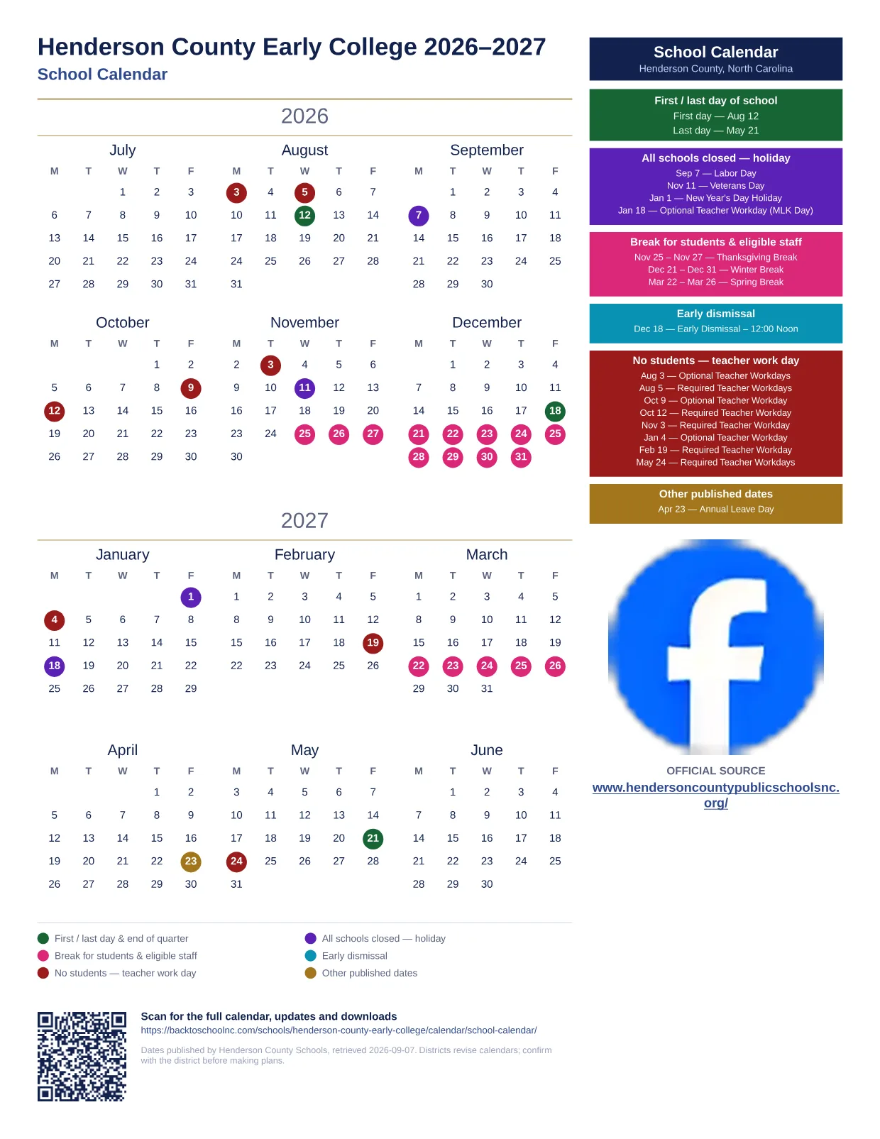 Henderson County Early College 2026–2027 printable calendar