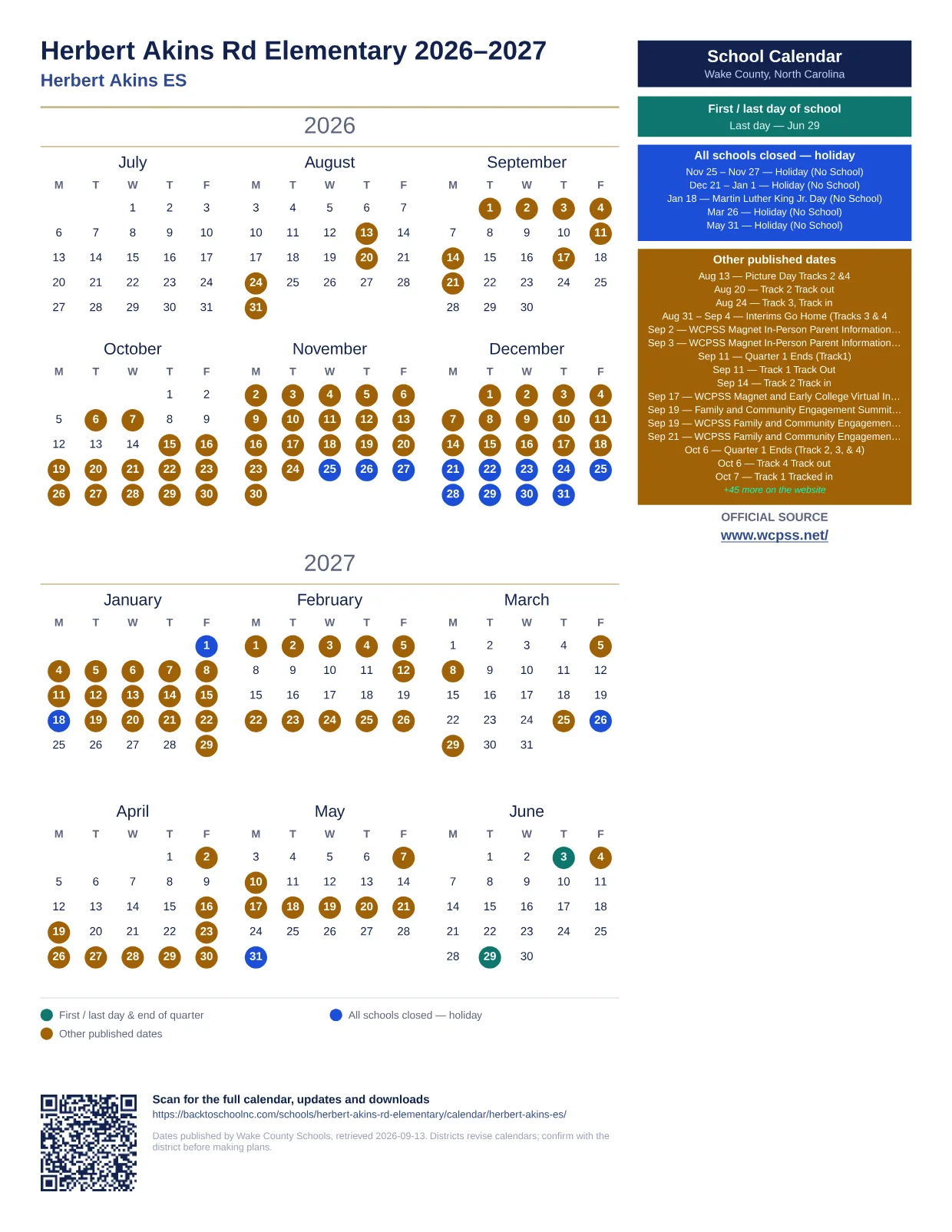 Herbert Akins Rd Elementary printable calendar