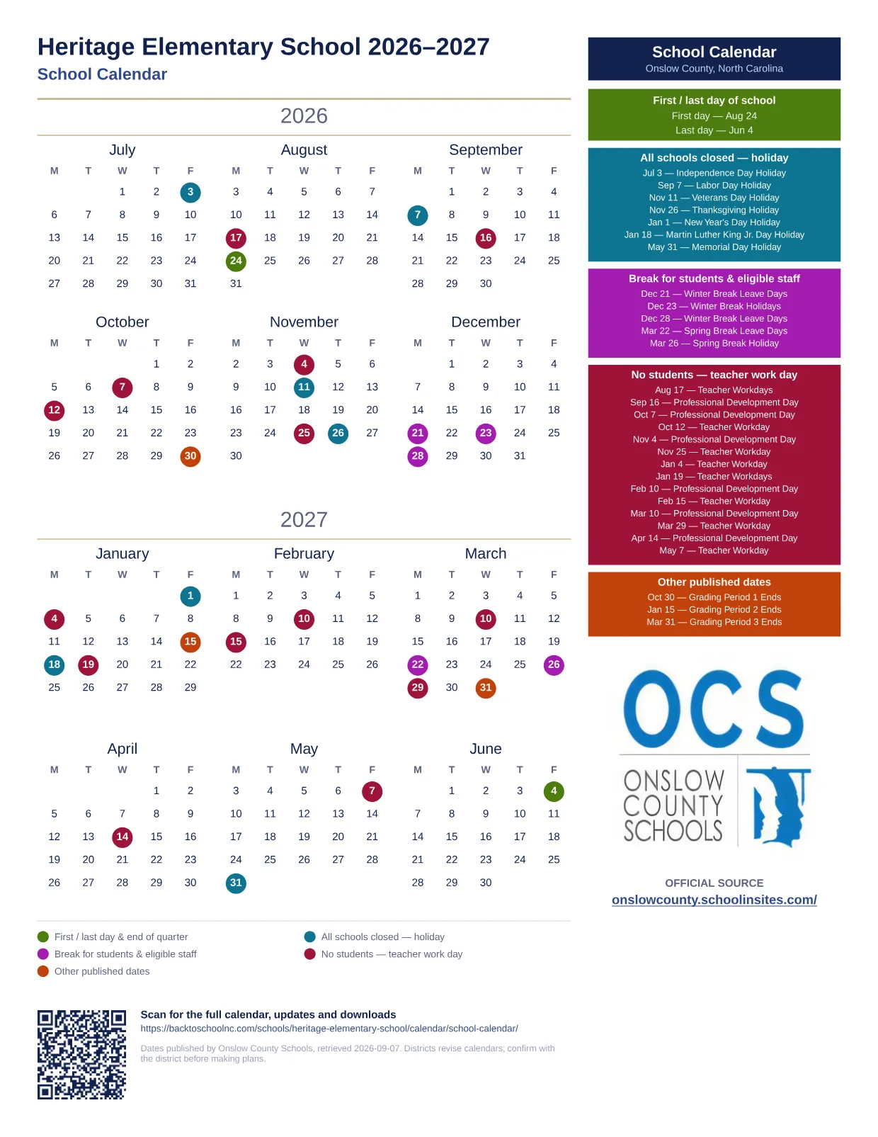 Heritage Elementary School 2026–2027 printable calendar