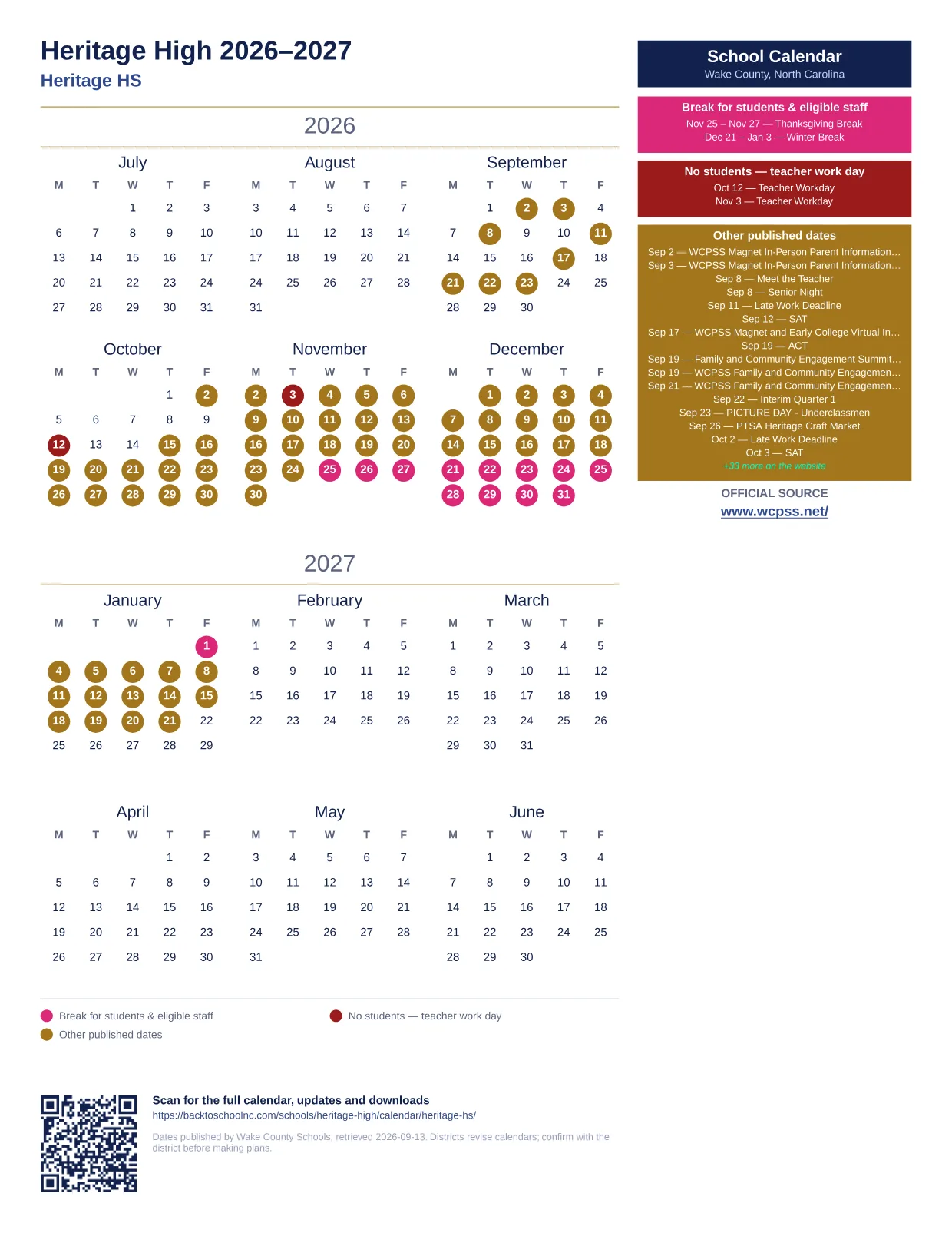 Heritage High  printable calendar