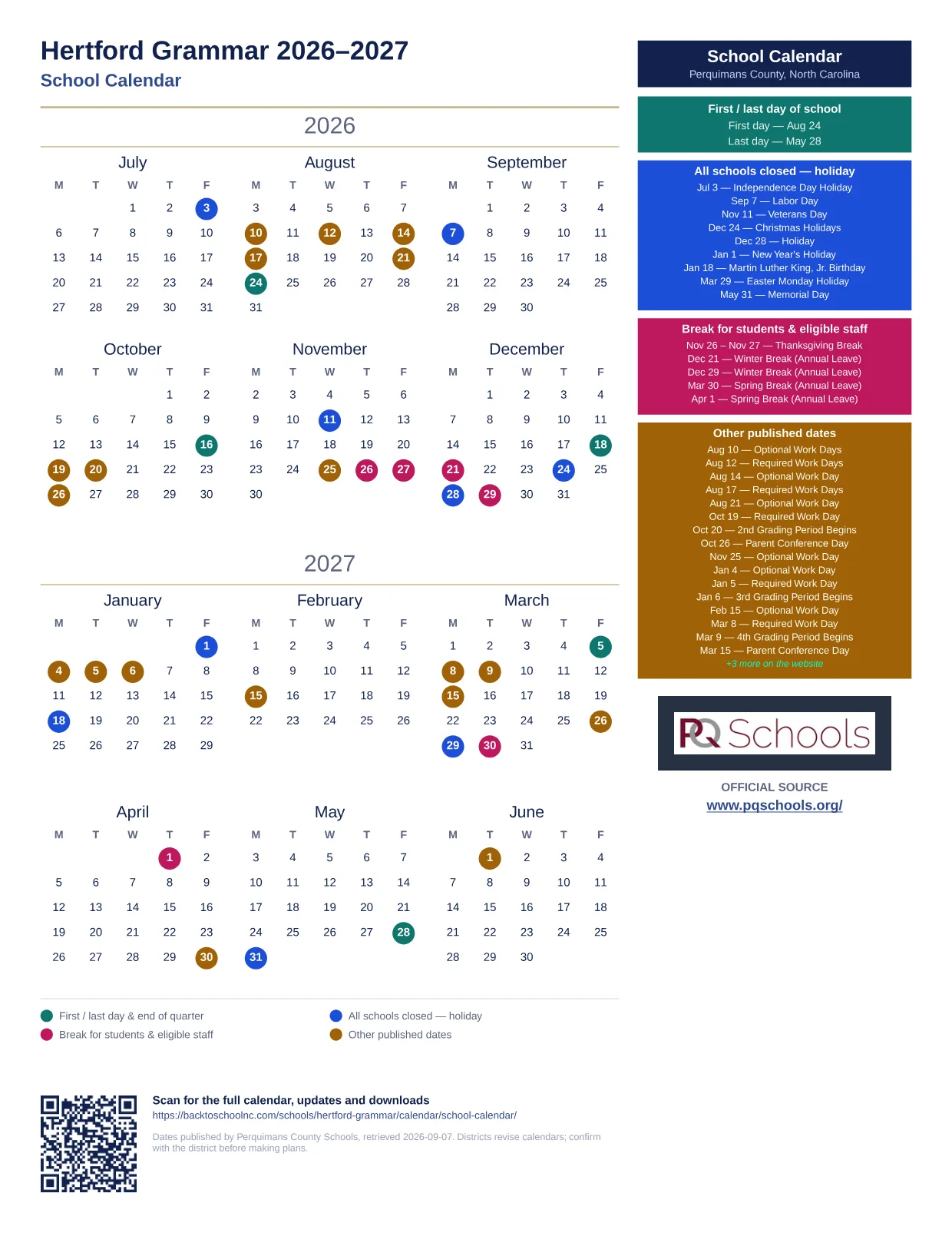 Hertford Grammar 2026–2027 printable calendar