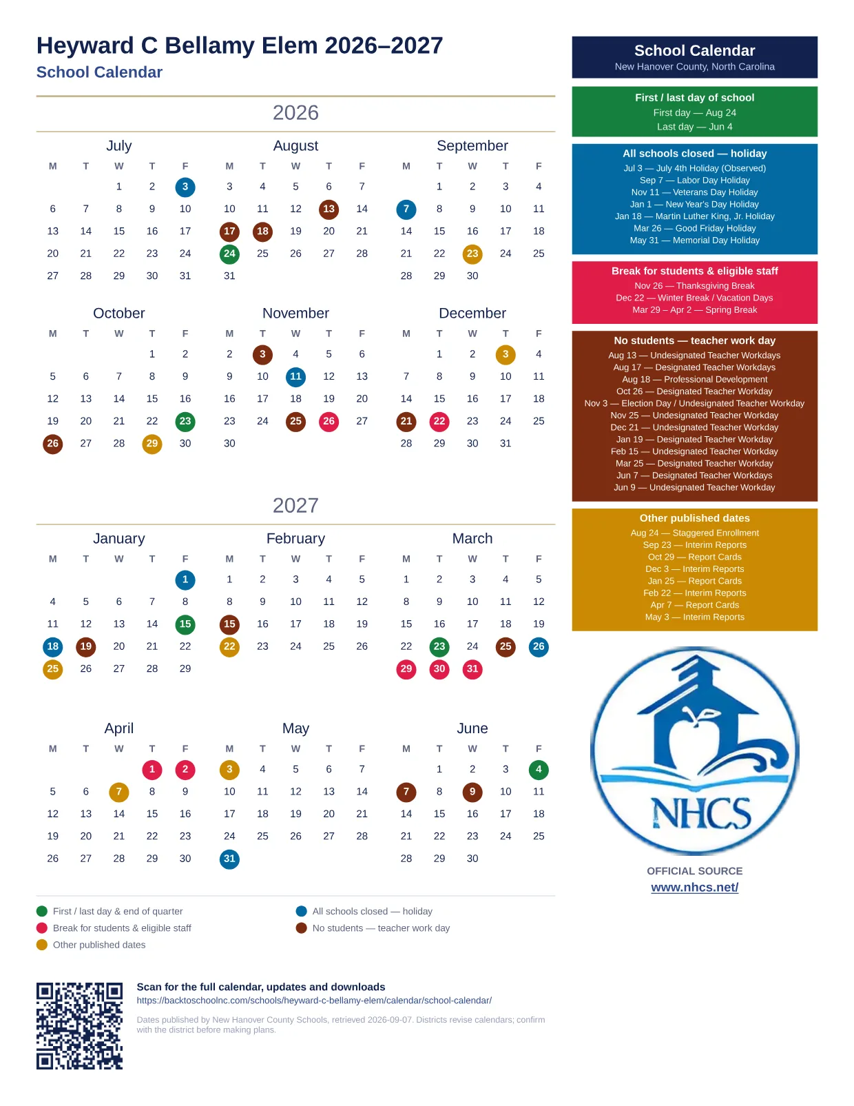 Heyward C Bellamy Elem 2026–2027 printable calendar