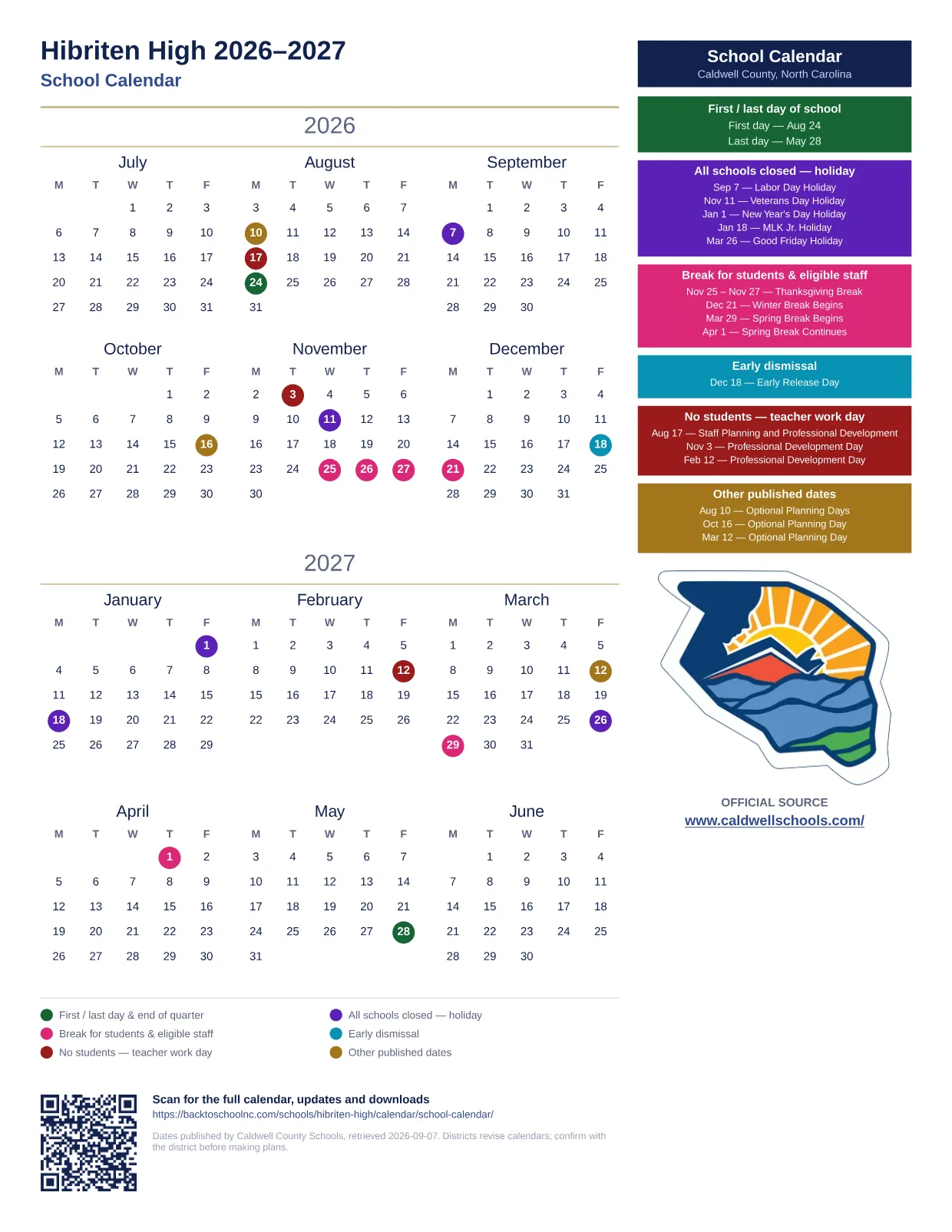 Hibriten High 2026–2027 printable calendar