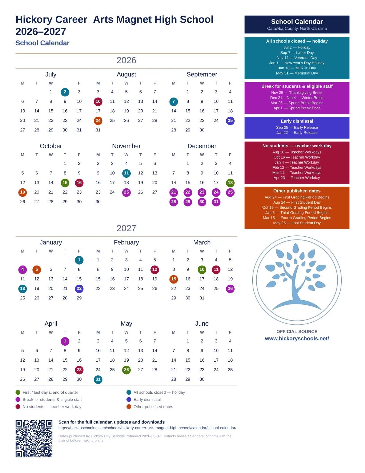 Hickory Career Arts Magnet High School printable calendar