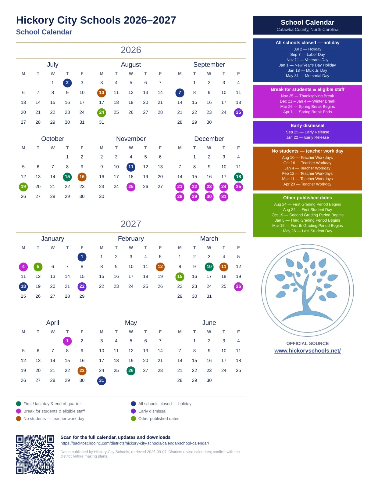 Hickory City Schools School Calendar  printable calendar