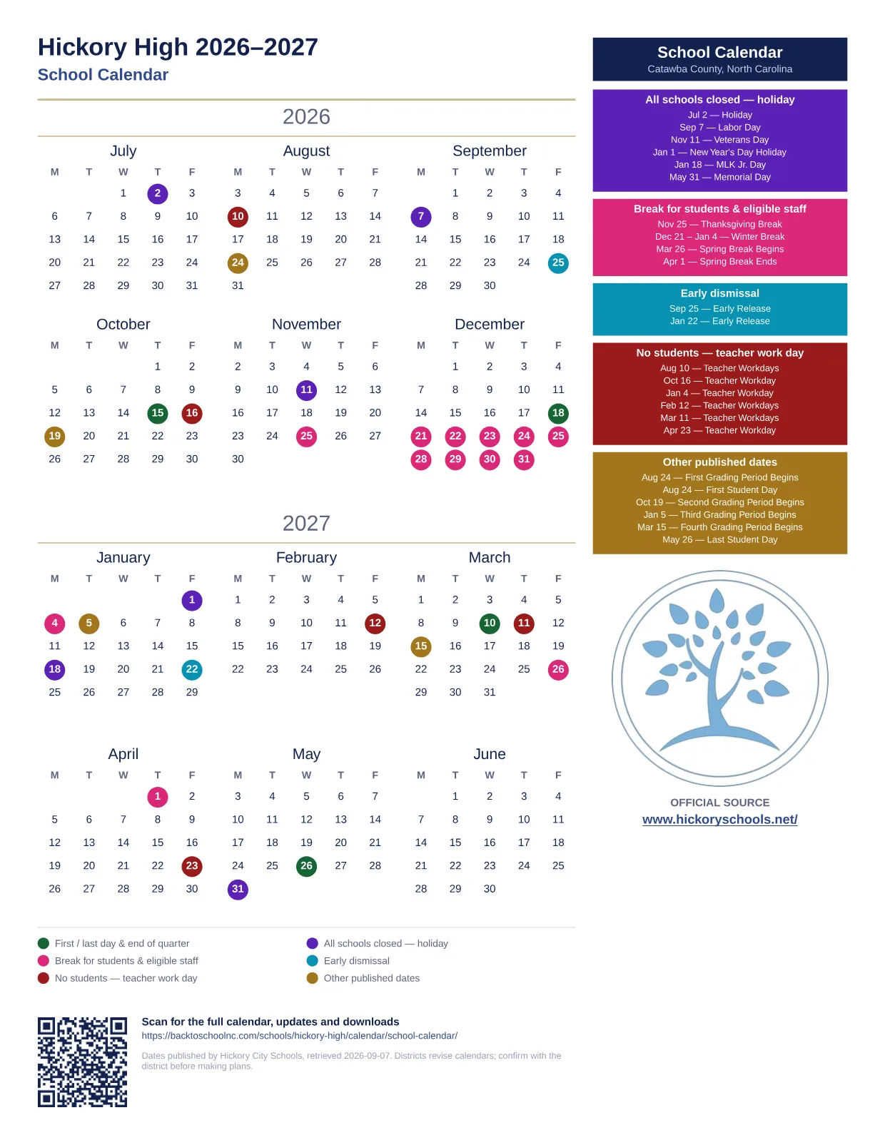 Hickory High  printable calendar