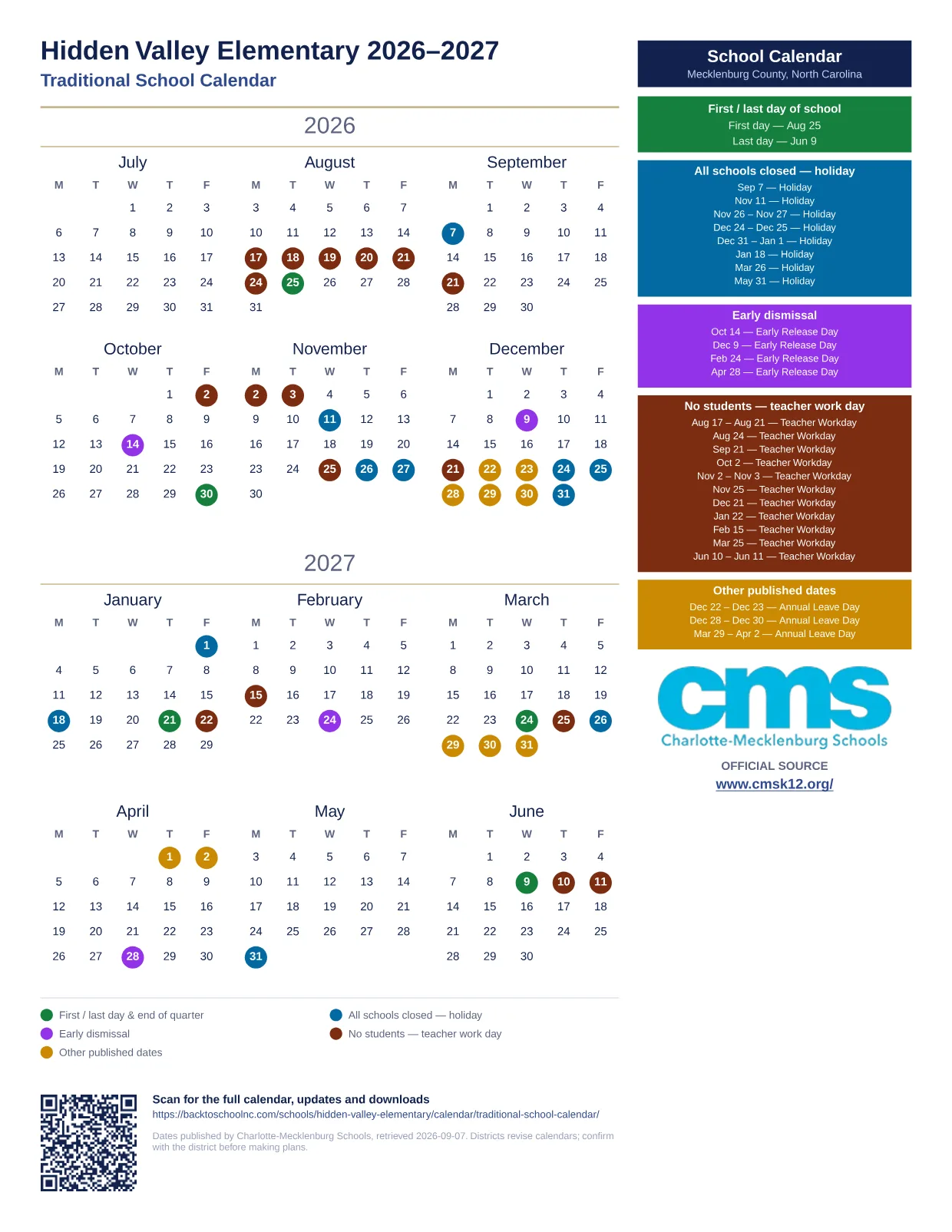 Hidden Valley Elementary 2026–2027 printable calendar