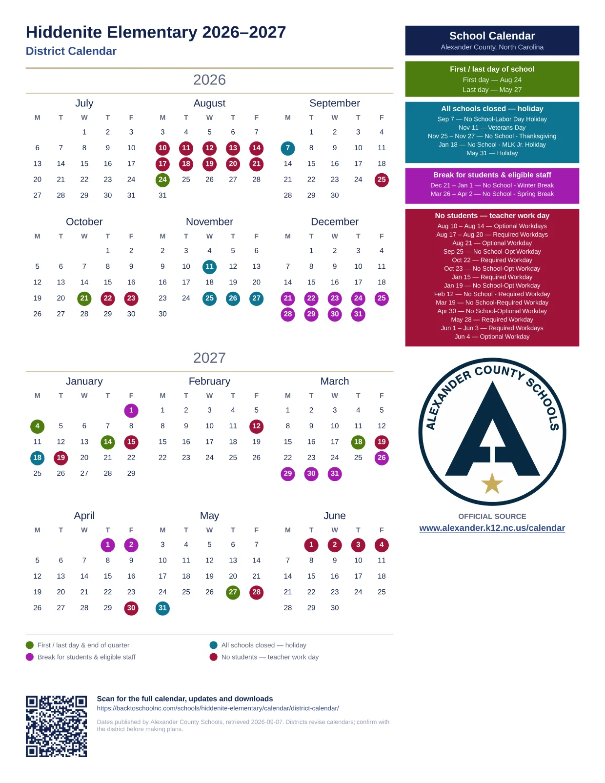 Hiddenite Elementary 2026–2027 printable calendar