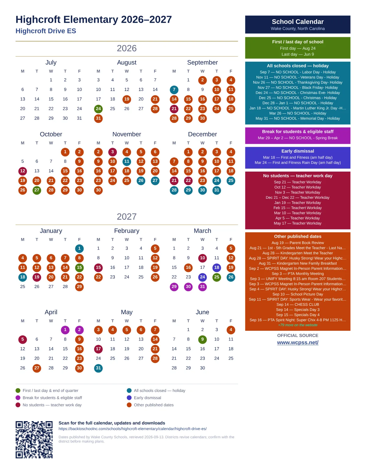 Highcroft Elementary 2026–2027 printable calendar