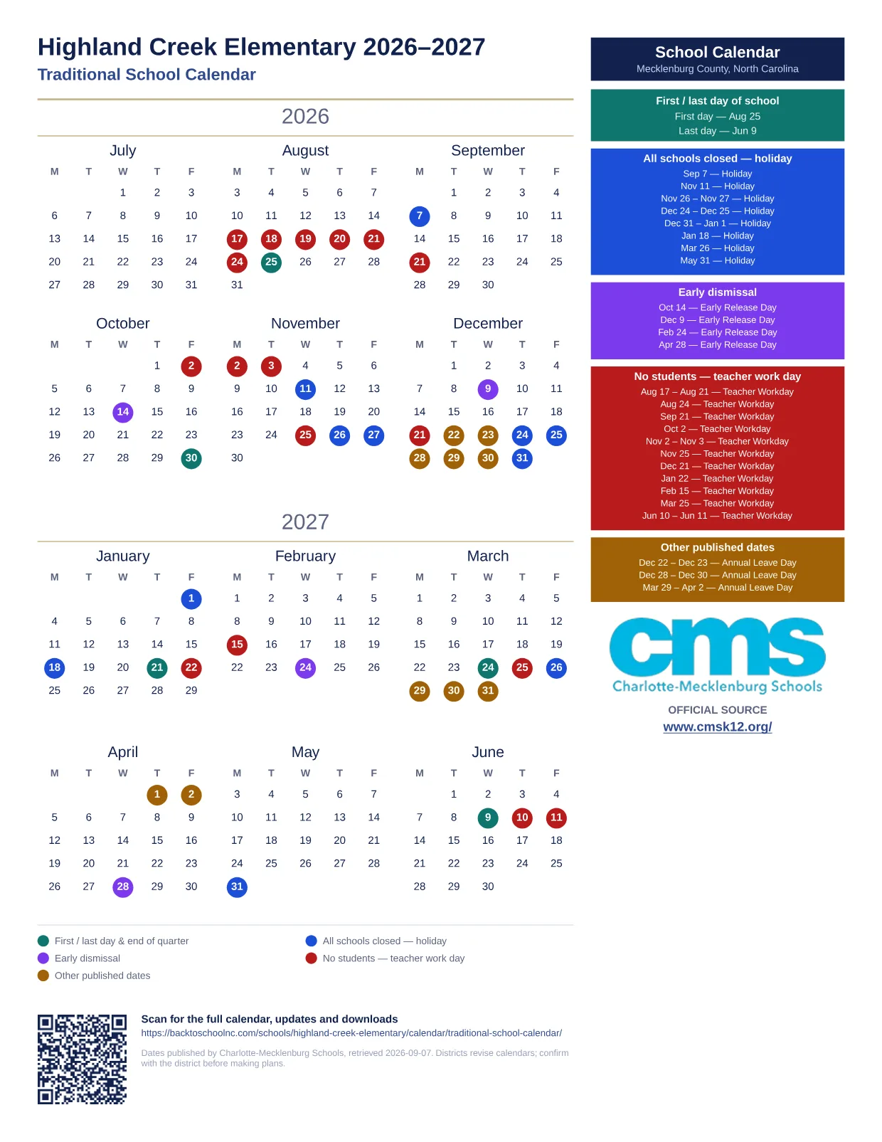 Highland Creek Elementary 2026–2027 printable calendar