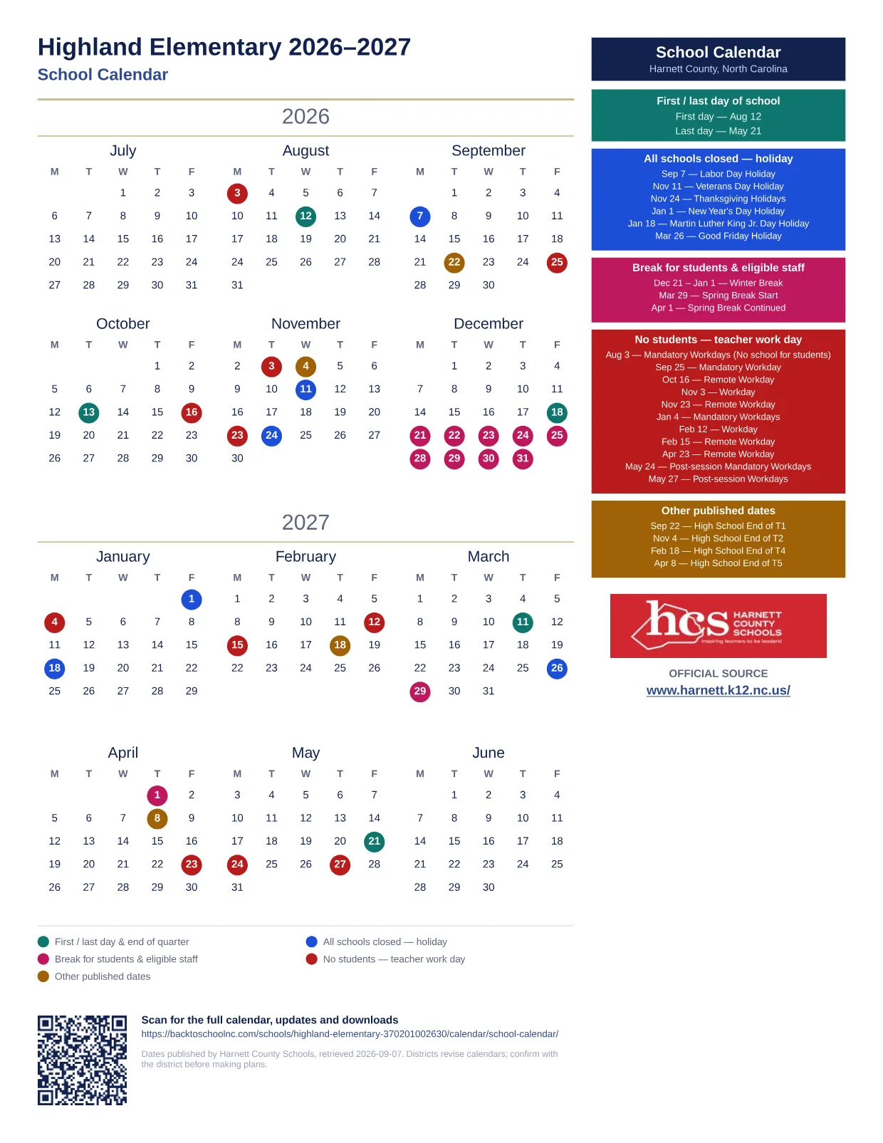 Highland Elementary 2026–2027 printable calendar