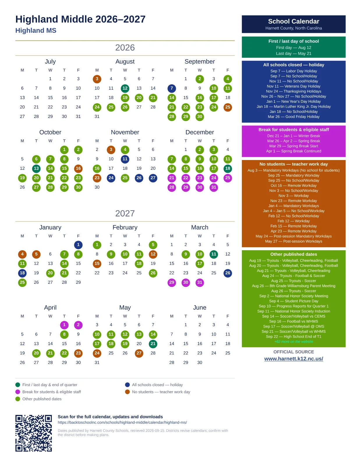 Highland Middle 2026–2027 printable calendar