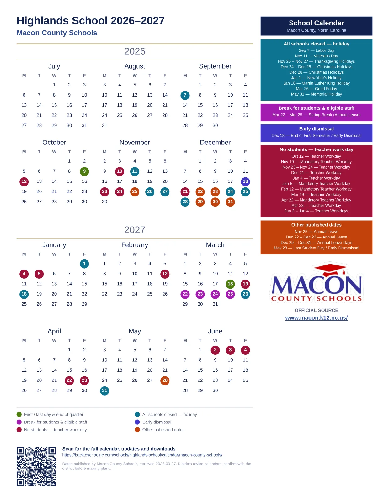 Highlands School printable calendar