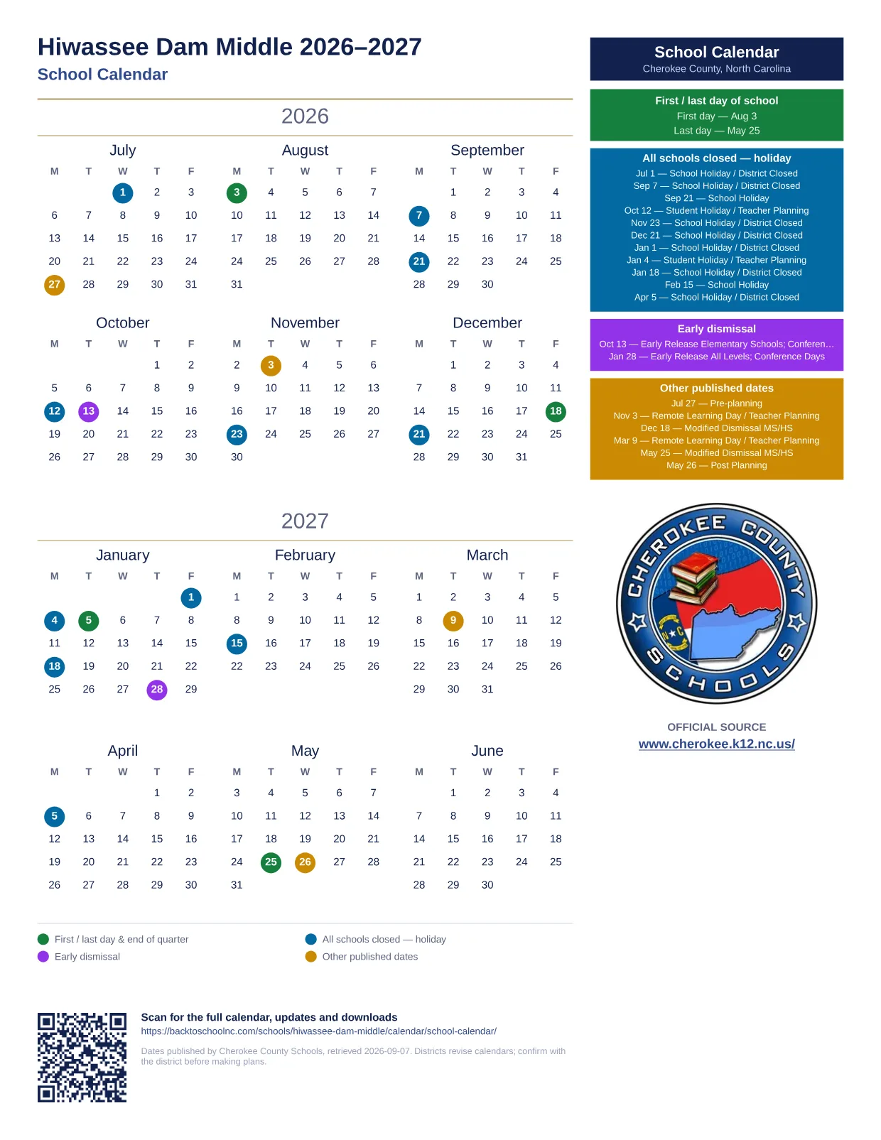 Hiwassee Dam Middle 2026–2027 printable calendar