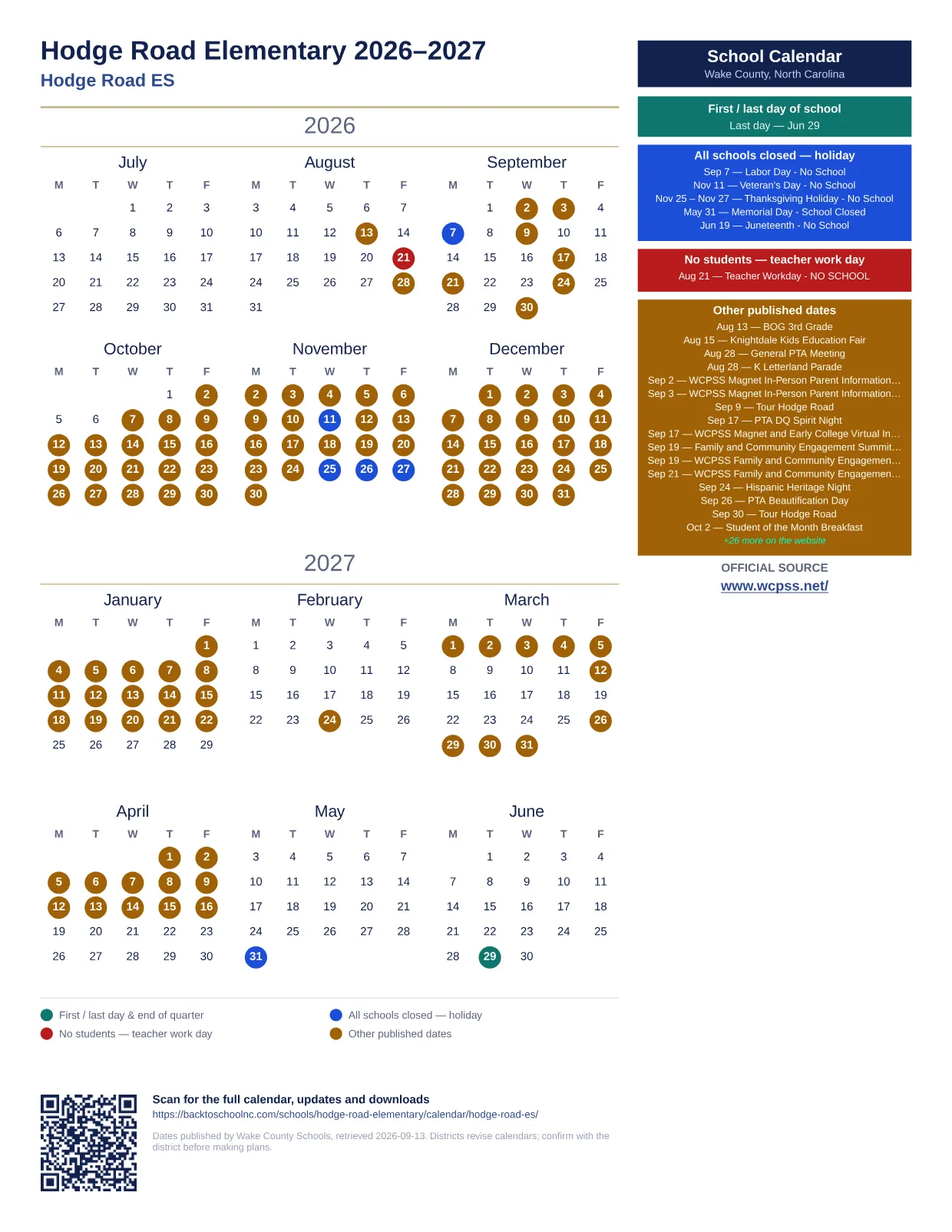 Hodge Road Elementary  printable calendar