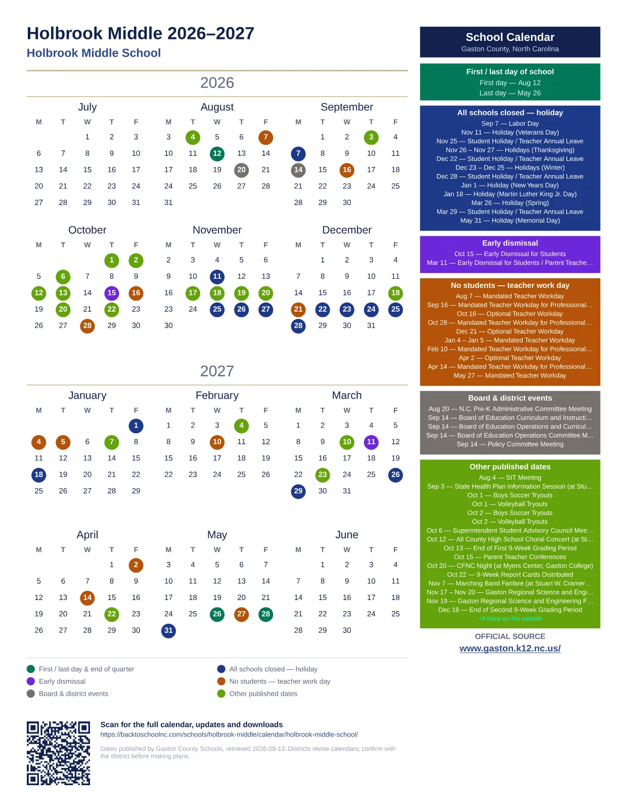 Holbrook Middle 2026–2027 printable calendar