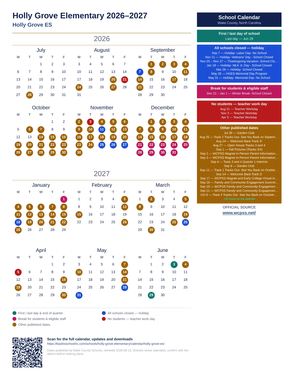 Holly Grove Elementary  printable calendar
