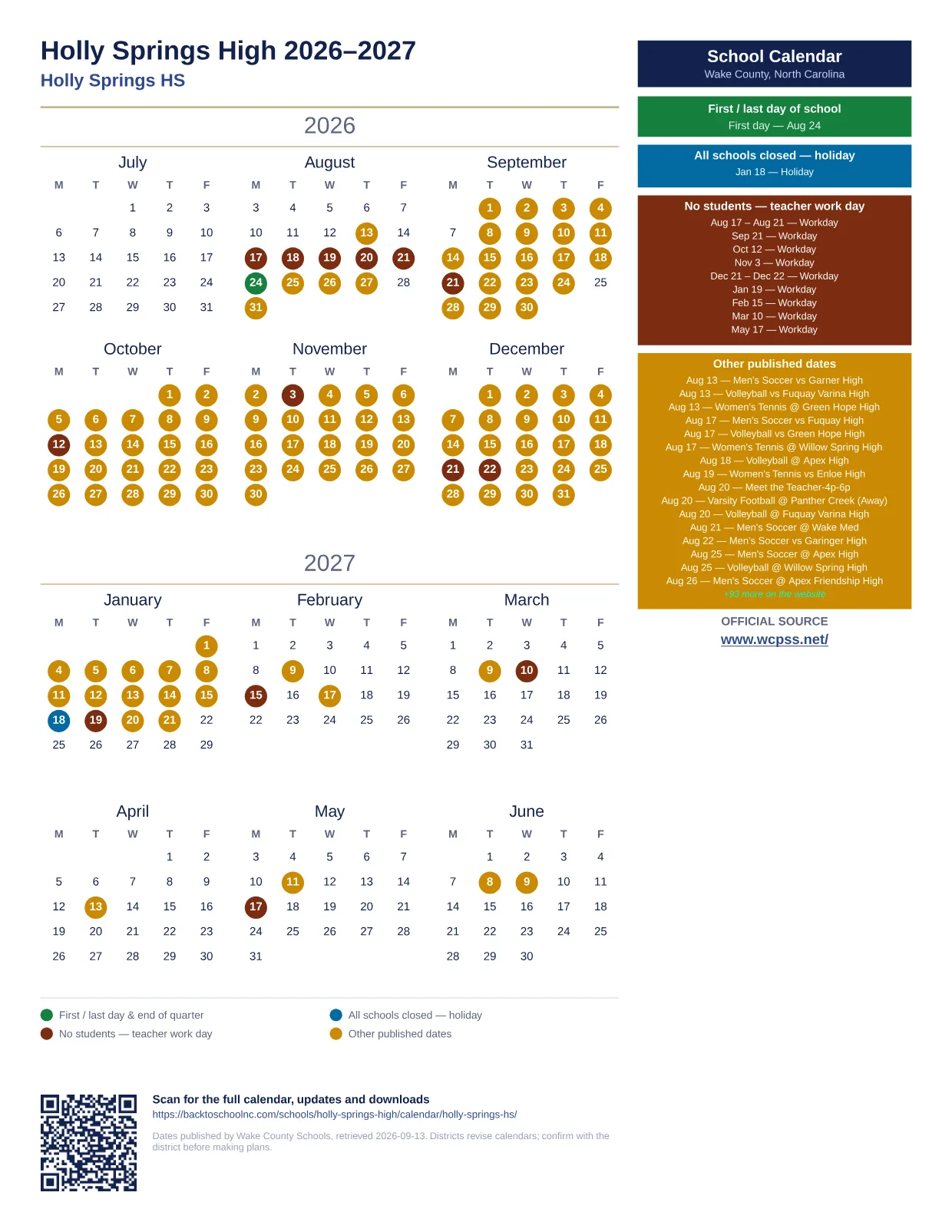 Holly Springs High 2026–2027 printable calendar