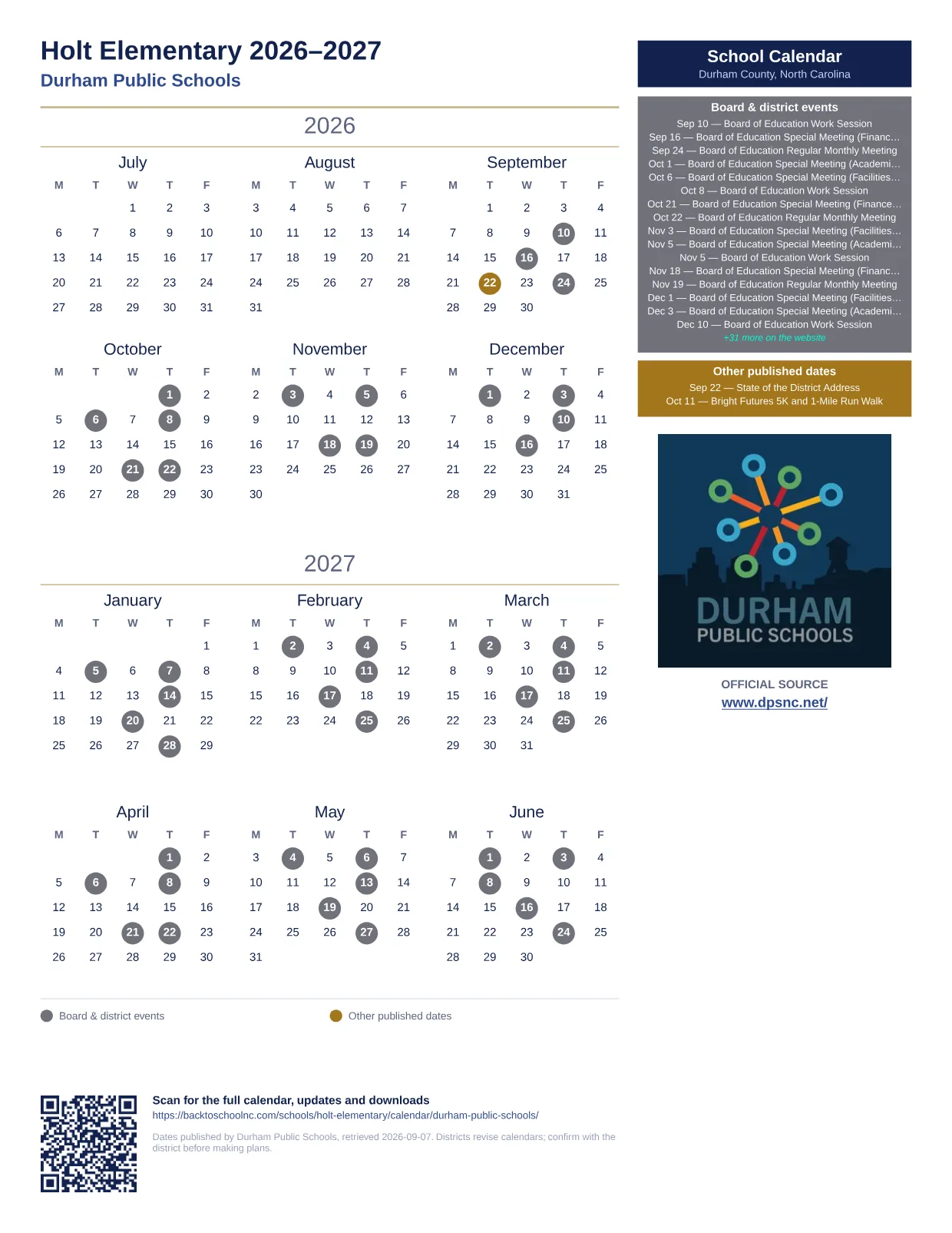 Holt Elementary  printable calendar