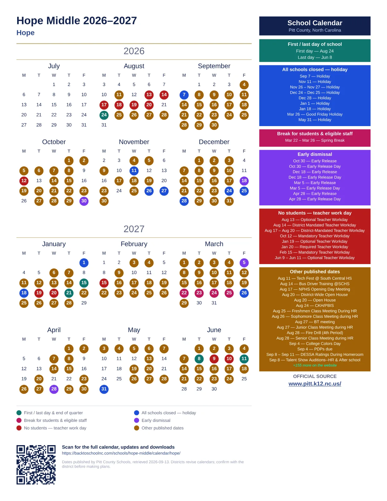 Hope Middle 2026–2027 printable calendar