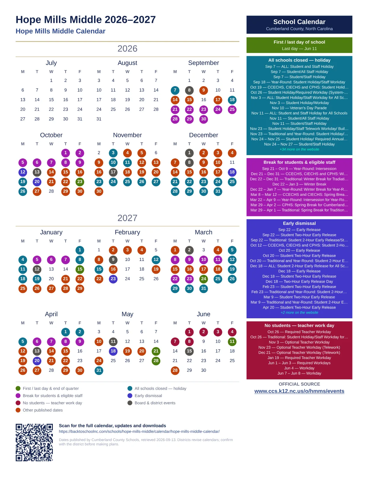Hope Mills Middle  printable calendar