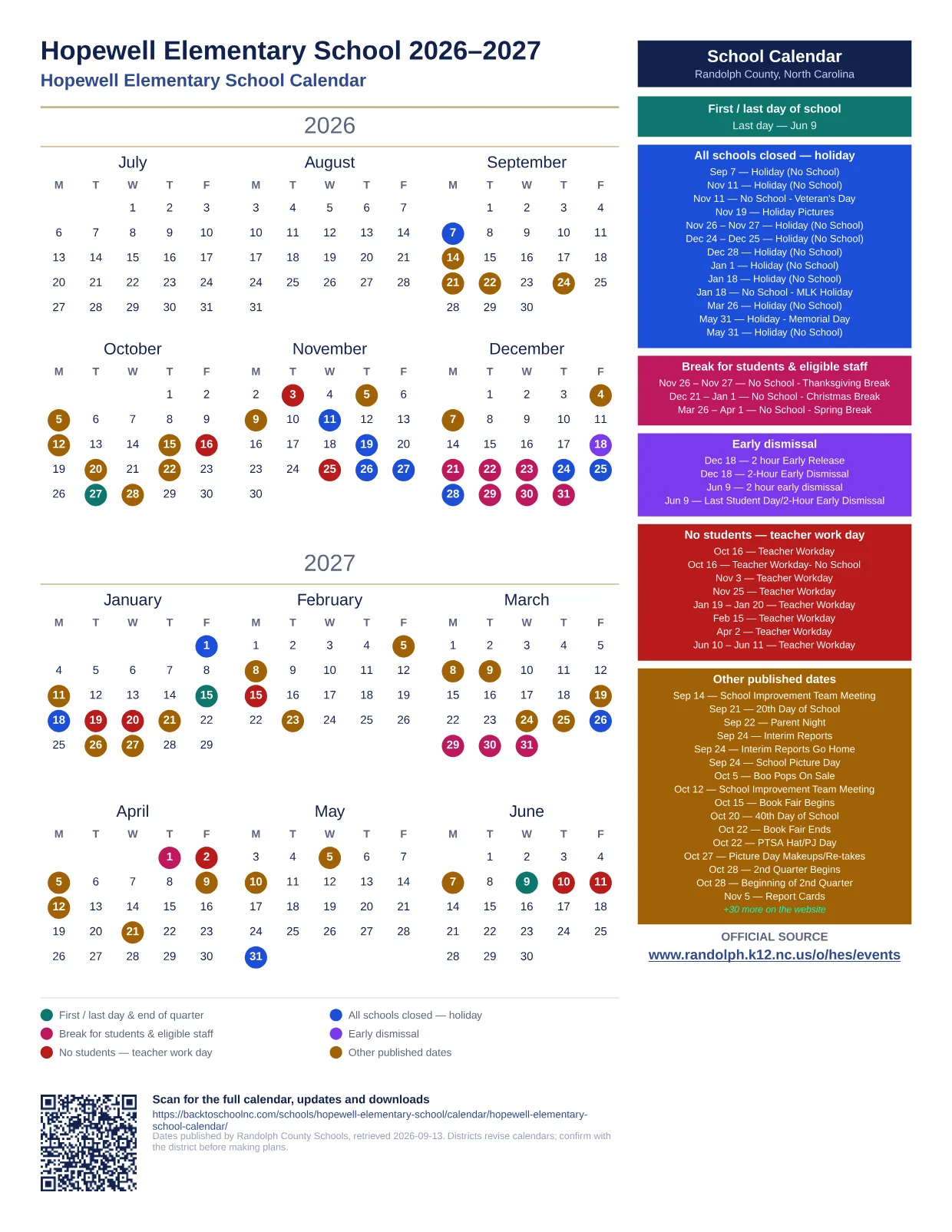 Hopewell Elementary School  printable calendar