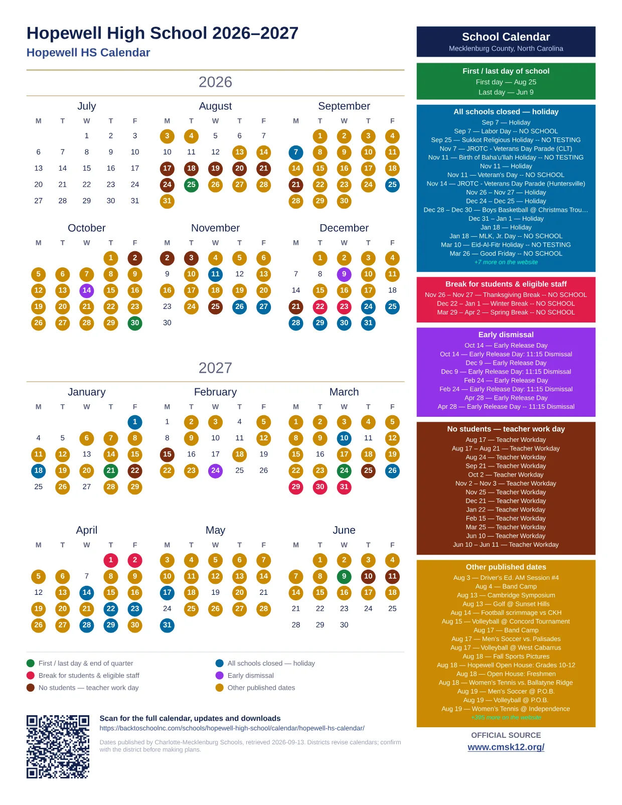 Hopewell High School 2026–2027 printable calendar
