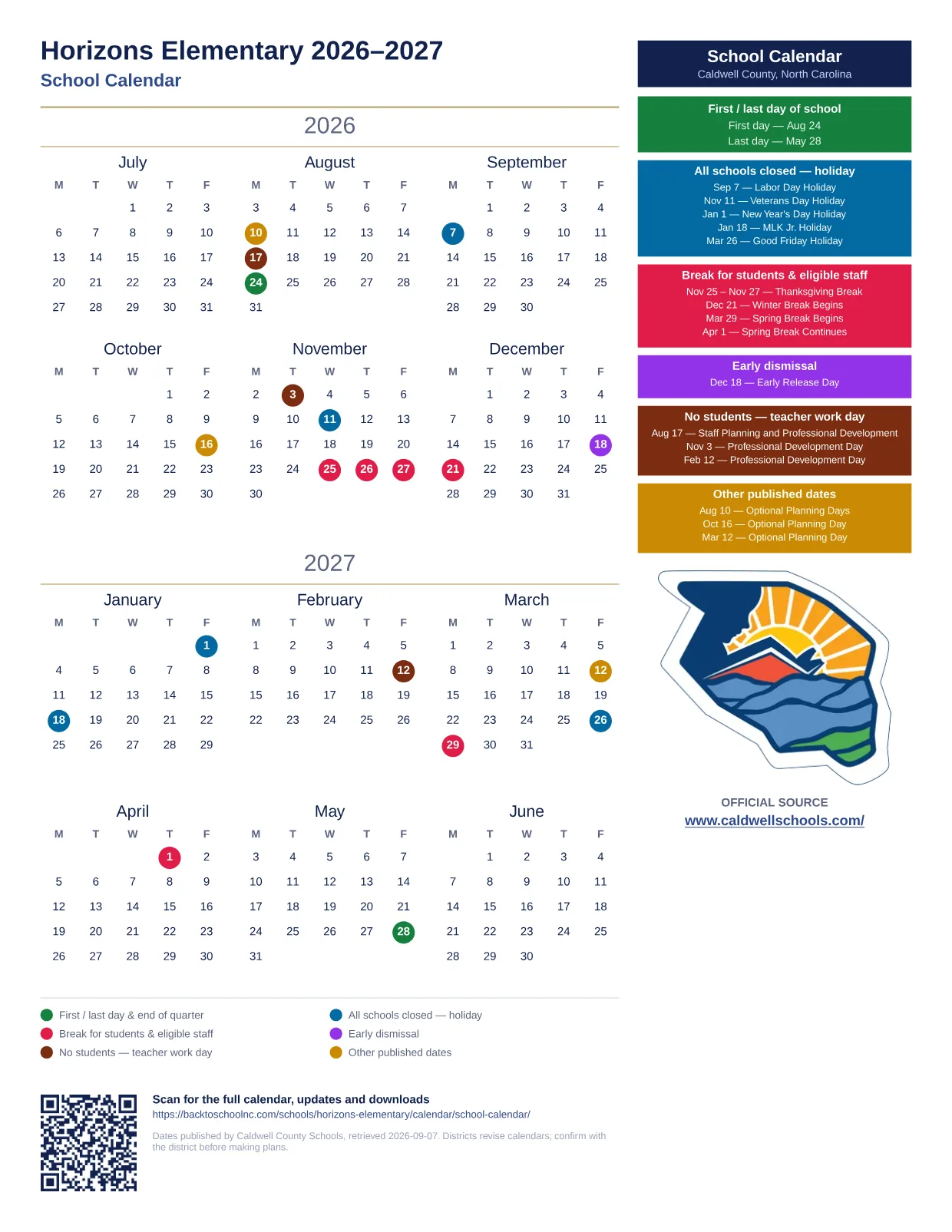 Horizons Elementary 2026–2027 printable calendar