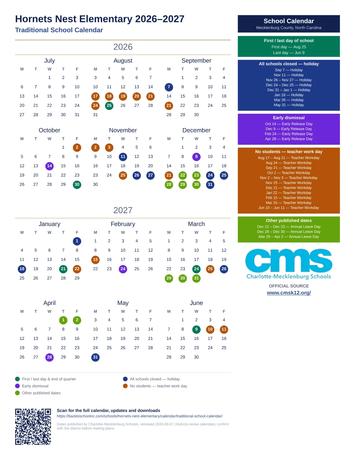 Hornets Nest Elementary 2026–2027 printable calendar