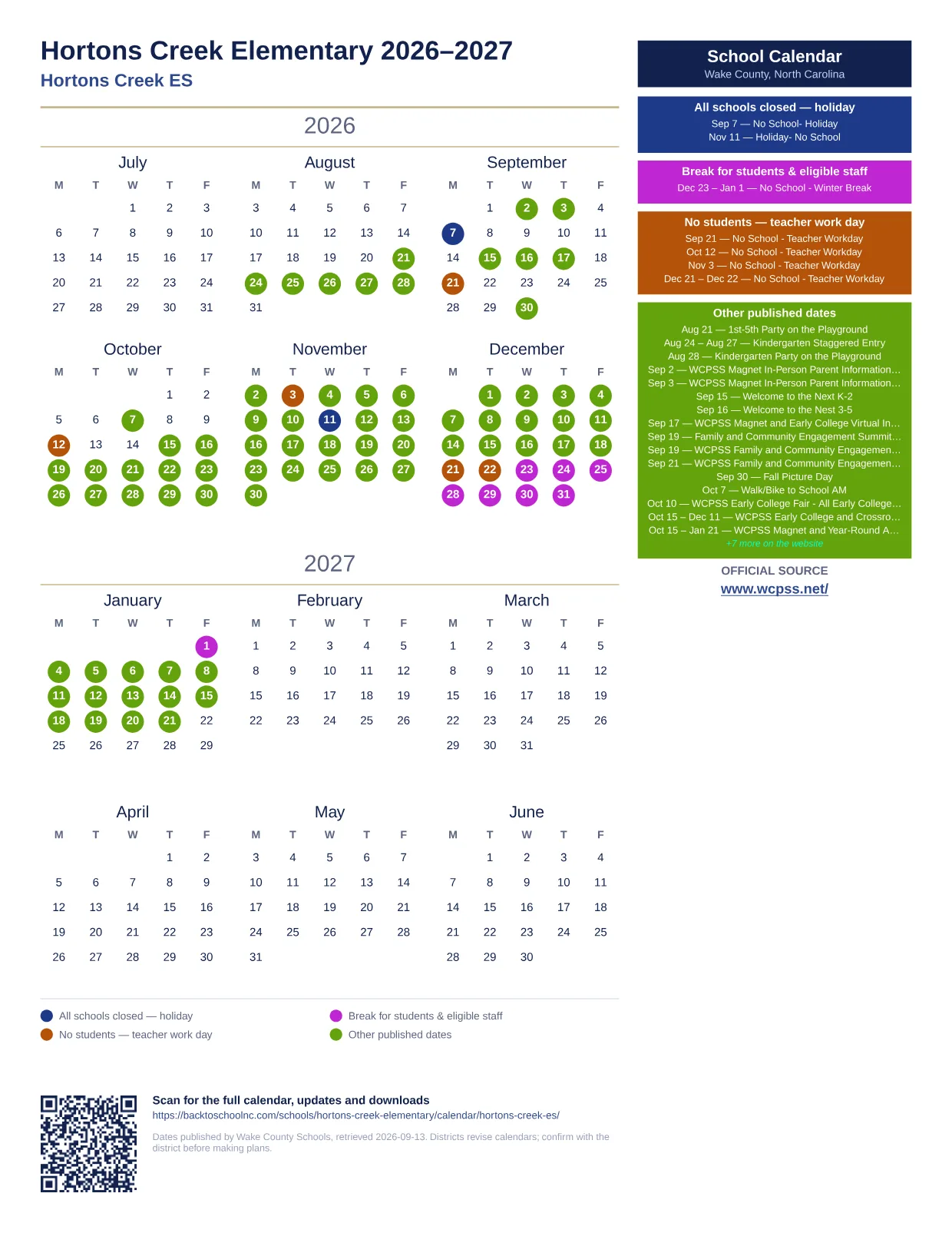 Hortons Creek Elementary  printable calendar