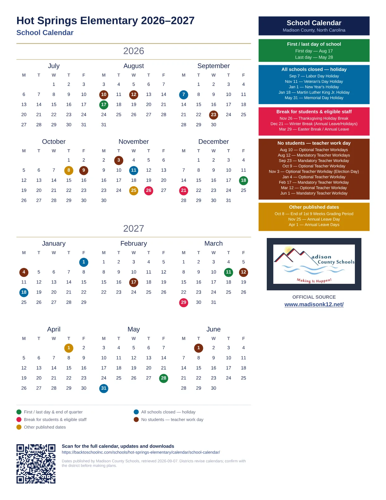 Hot Springs Elementary 2026–2027 printable calendar