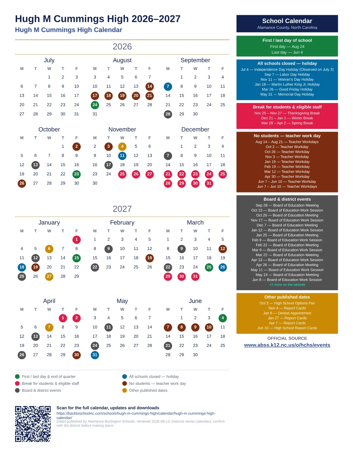 Hugh M Cummings High 2026–2027 printable calendar