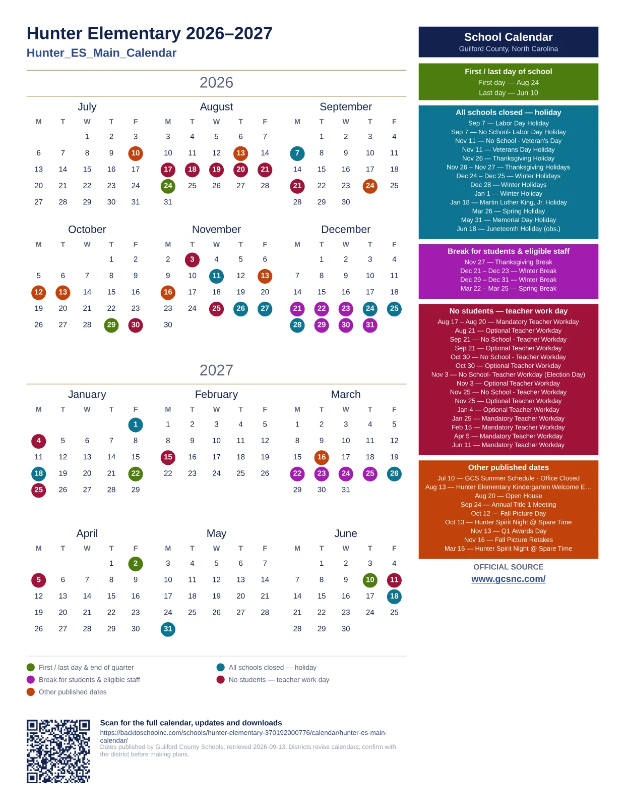 Hunter Elementary 2026–2027 printable calendar
