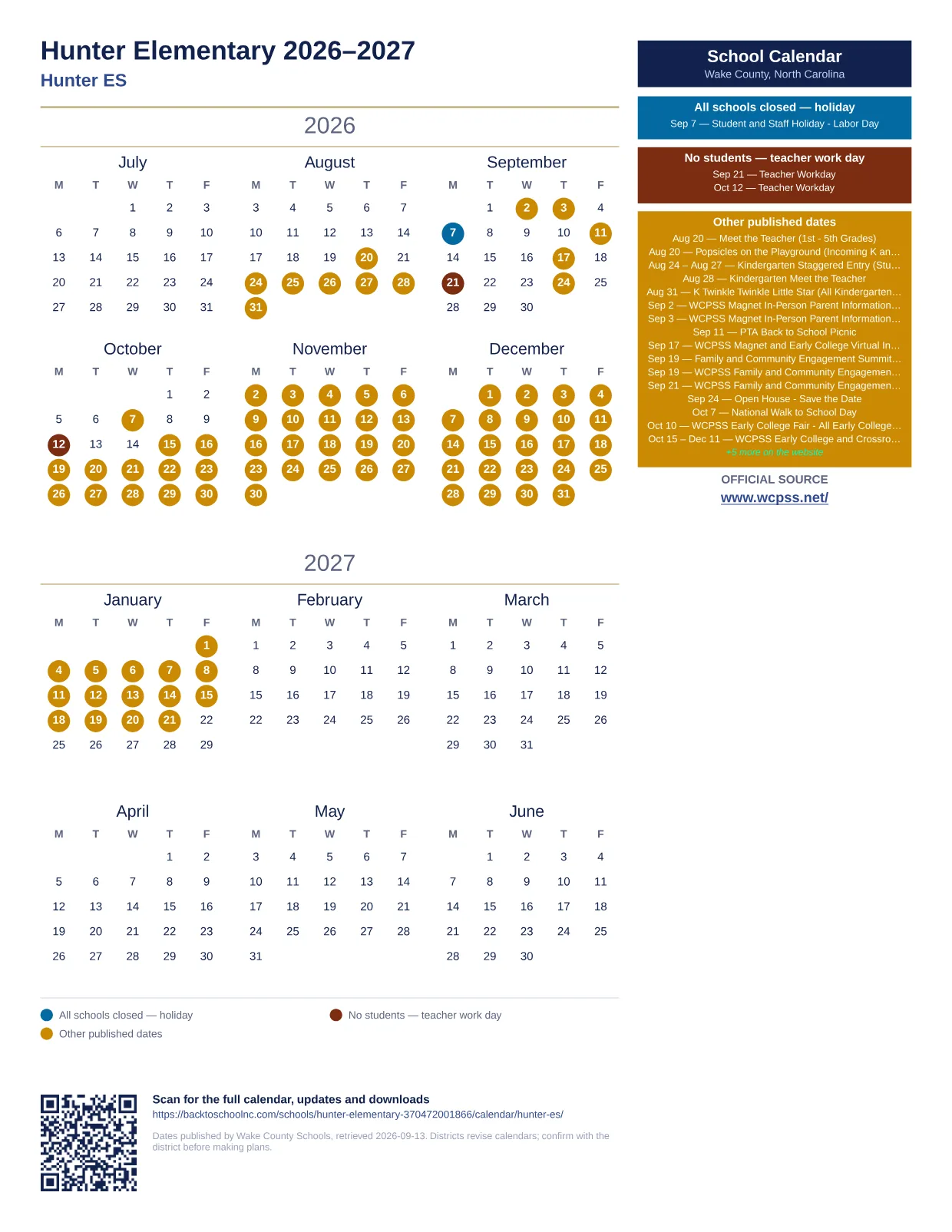 Hunter Elementary  printable calendar