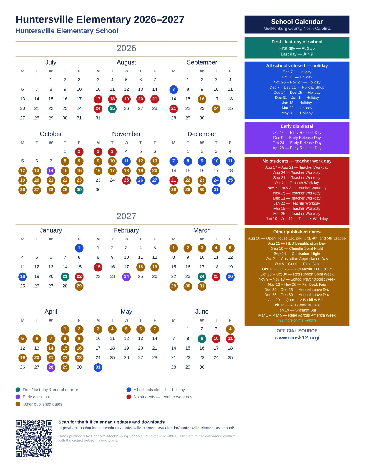 Huntersville Elementary 2026–2027 printable calendar