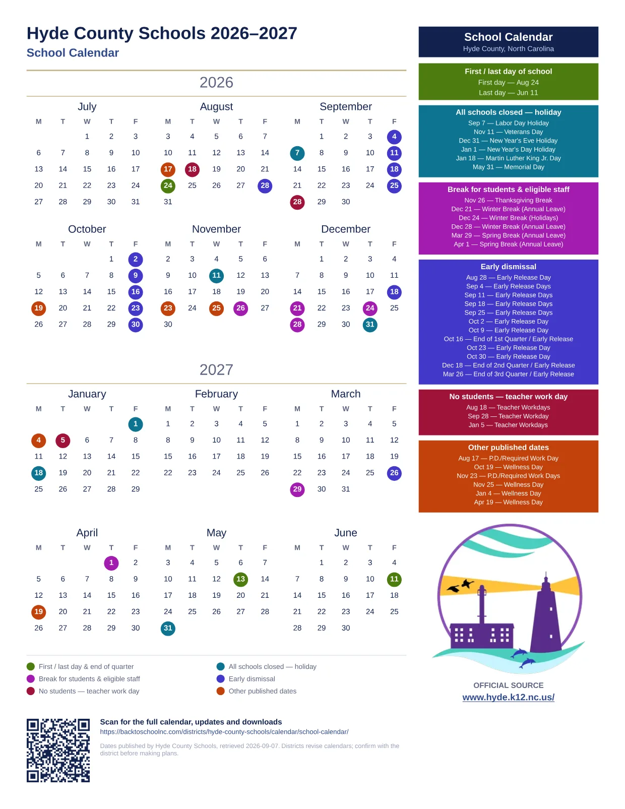 Hyde County Schools School Calendar 2026–2027 printable calendar