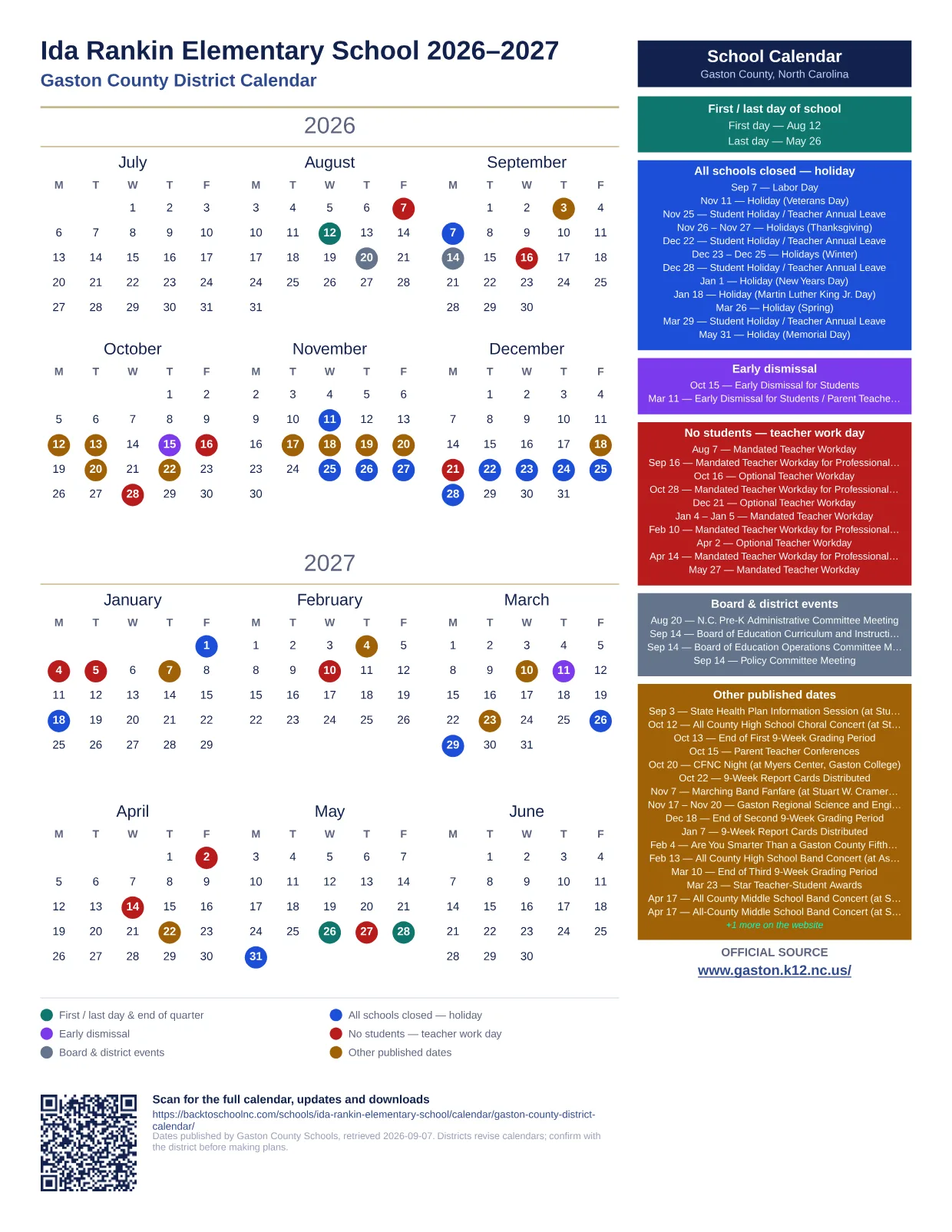 Ida Rankin Elementary School 2026–2027 printable calendar