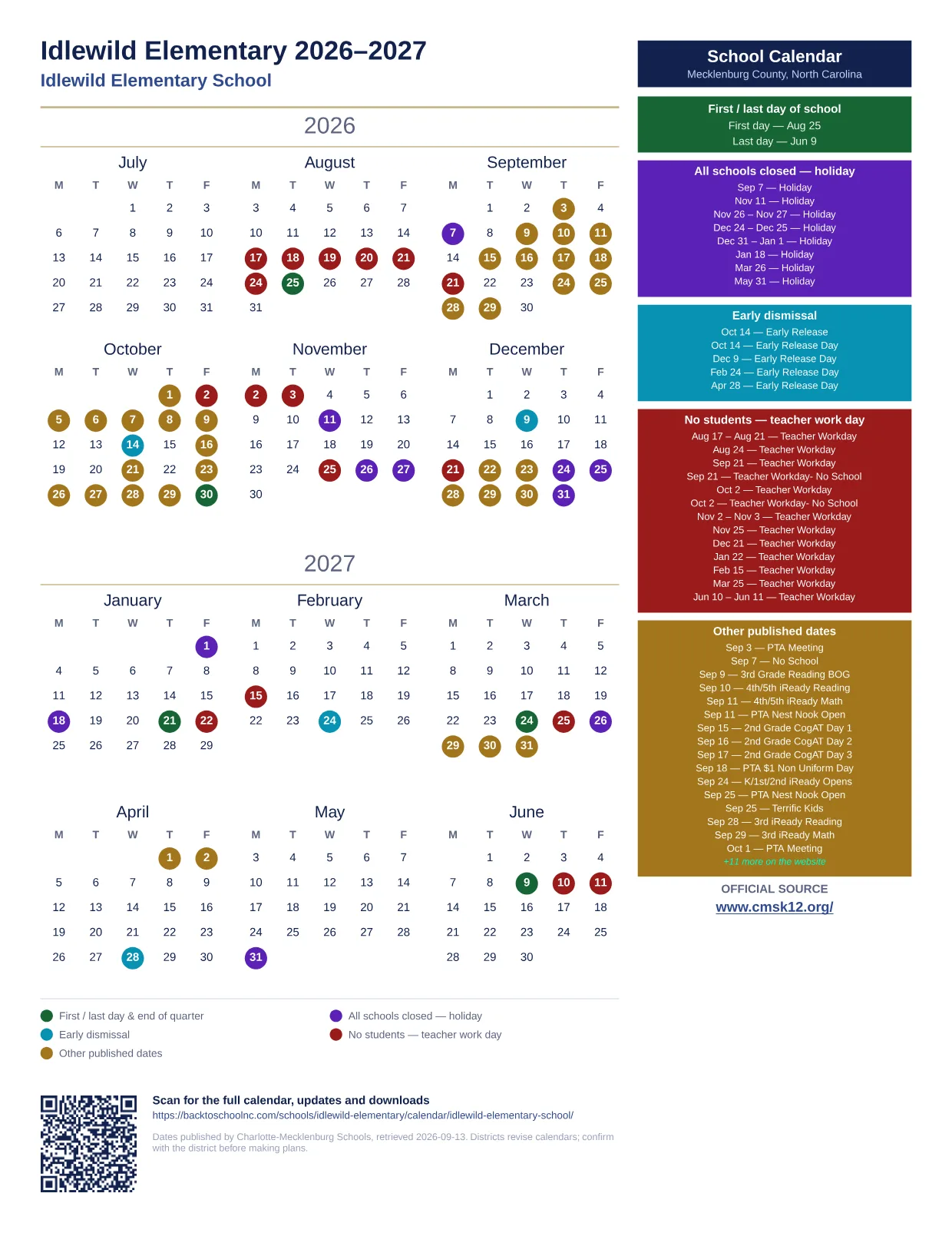 Idlewild Elementary 2026–2027 printable calendar