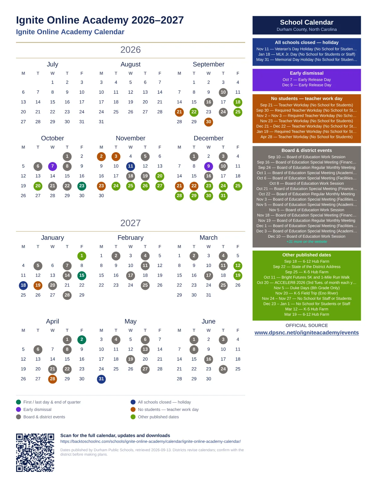 Ignite Online Academy  printable calendar