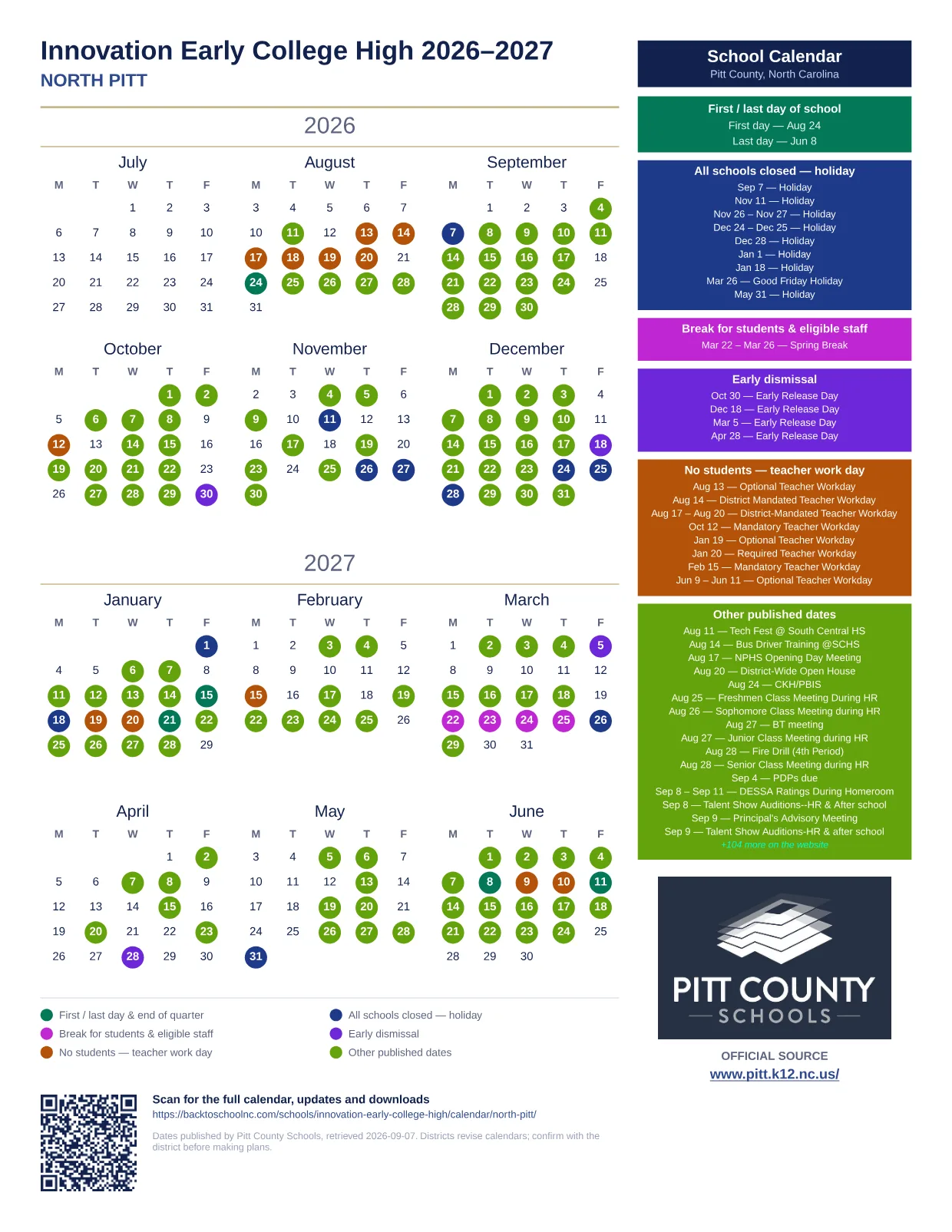 Innovation Early College High 2026–2027 printable calendar