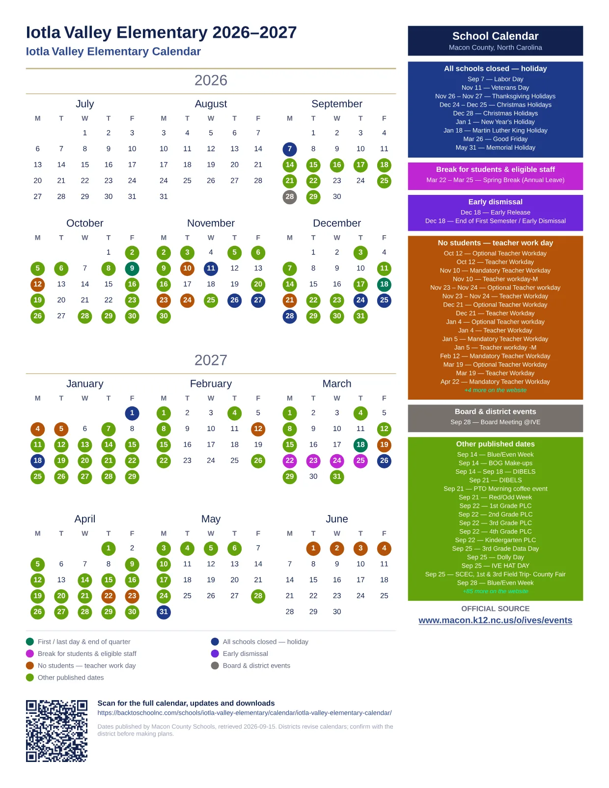Iotla Valley Elementary  printable calendar