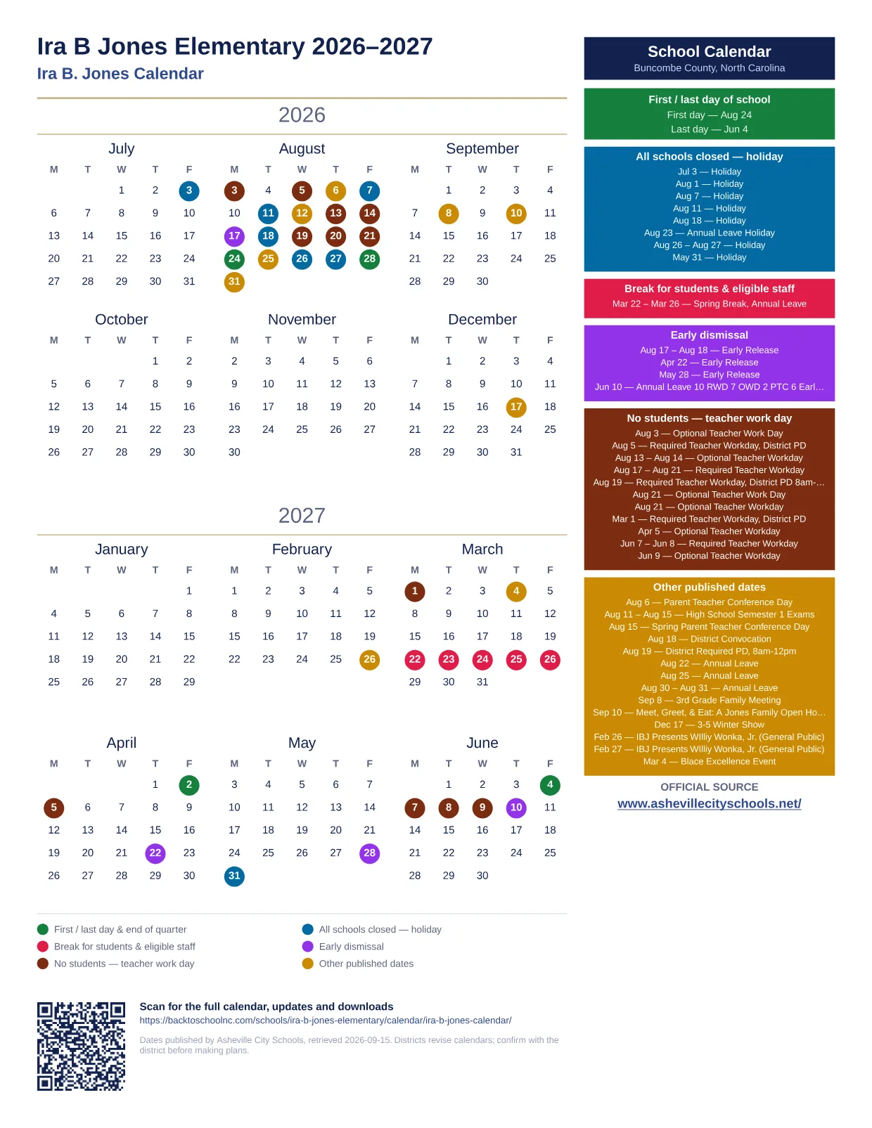 Ira B Jones Elementary 2026–2027 printable calendar