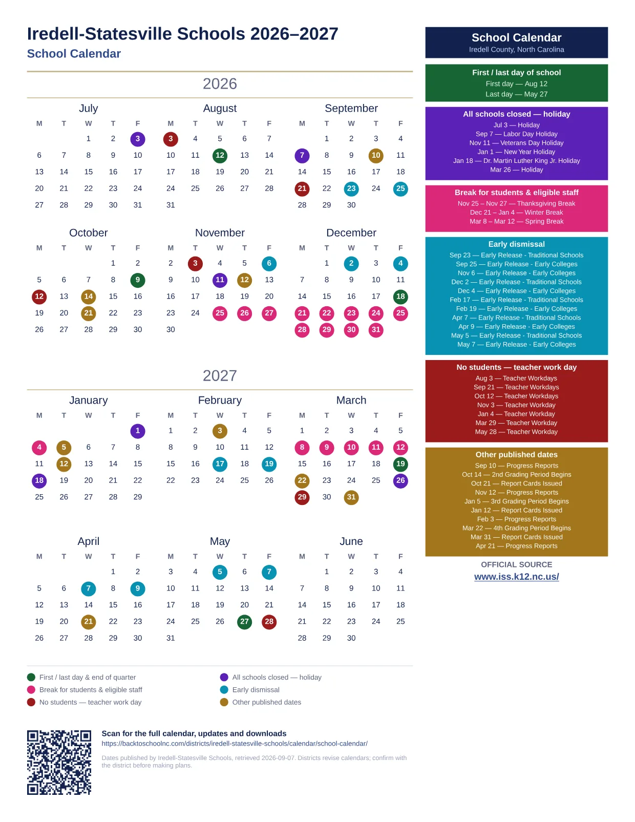 Iredell-Statesville Schools School Calendar 2026–2027 printable calendar