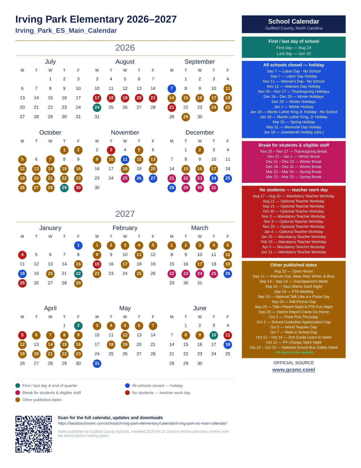 Irving Park Elementary 2026–2027 printable calendar